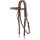 Harnessleder-Westernzaum mit Stirnriemen und Karabiner-Gebissenden Einzelausführung; Harnessleder; massive Messingbeschläge; Karabiner-Gebissenden.
